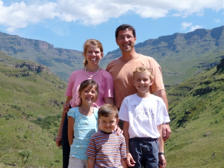 Paul, Kristi, Annie (nearly 8), Charlie (4), and Peter (9) en route to Sani Pass, Lesotho